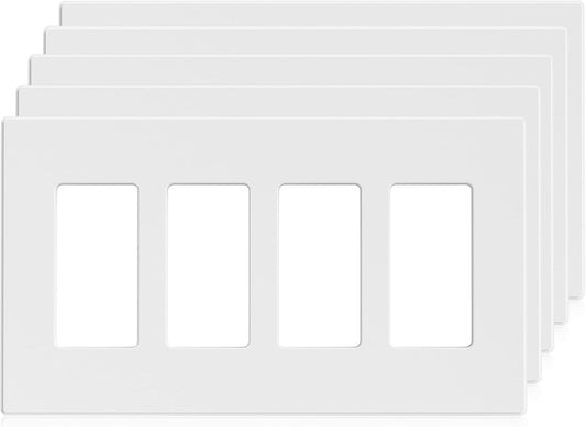 ELEGRP 4-Gang Screwless Decorative Wall Plates, Mid-Size Unbreakable Thermoplastic Faceplate Cover for Decorator Receptacle Outlet Switch, UL Listed (5 Pack, Matte White)