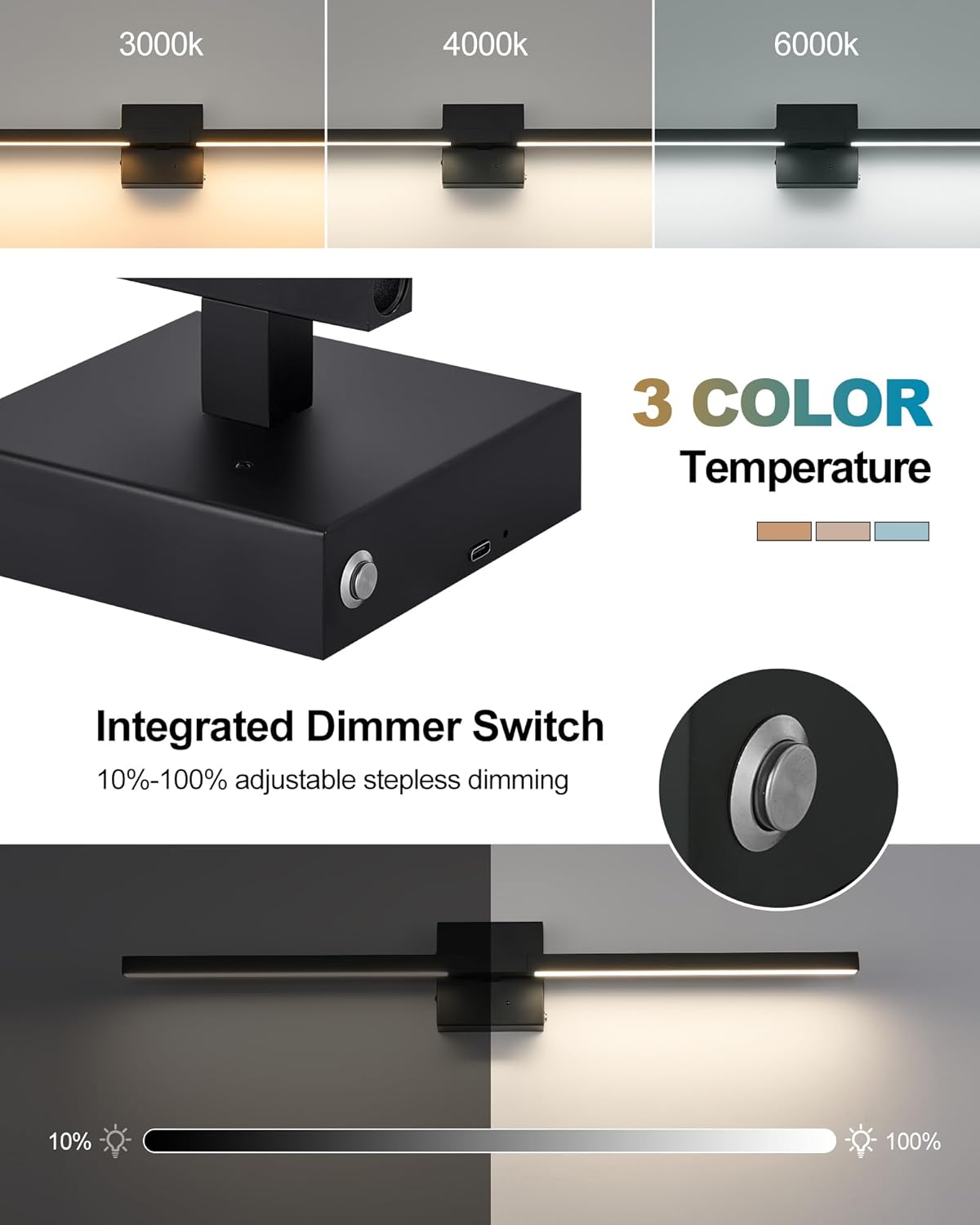 8000mAh Battery Operated Wall Sconce Set of 2, 3000K-6000K Dimmable Rechargeable Wireless Wall Sconces with Remote Control, Modern LED Wall Light with Timer Function for Living Room, 24 Inch Black