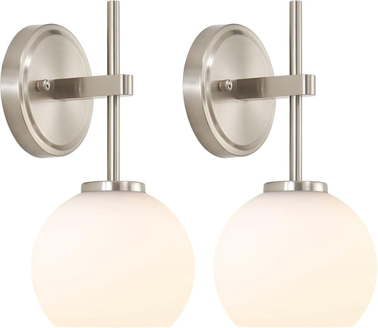Brushed Nickel Battery Operated Wall Sconce Set of 2, Wireless Rechargeable Sconces Wall Lighting with Remote Control, LED Wall Lights with Opal White Glass Shade, 12 Colors RGB & 3 CCT Bulb