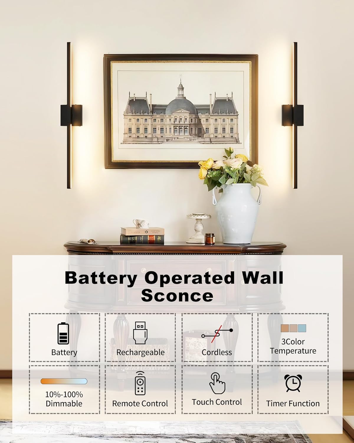 8000mAh Battery Operated Wall Sconce Set of 2, 3000K-6000K Dimmable Rechargeable Wireless Wall Sconces with Remote Control, Modern LED Wall Light with Timer Function for Living Room, 24 Inch Black