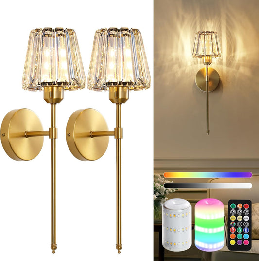 Battery Operated Crystal Wall Sconce Set of 2, Gold Rechargeable Wireless Wall Sconces with Remote Dimmable 12 Colors Modes Led Wall Lights, Wall Lamp for Bedroom Living Room Hallway, 2 Bulbs Included