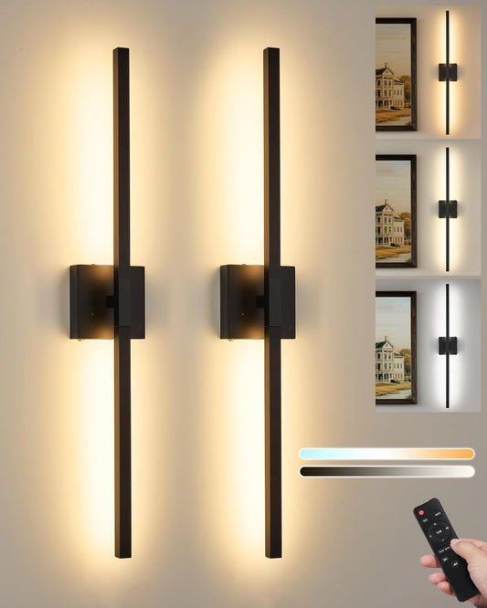 8000mAh Battery Operated Wall Sconce Set of 2, 3000K-6000K Dimmable Rechargeable Wireless Wall Sconces with Remote Control, Modern LED Wall Light with Timer Function for Living Room, 24 Inch Black